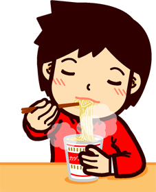 カップラーメンをすすって麺を食べているイラスト/男性