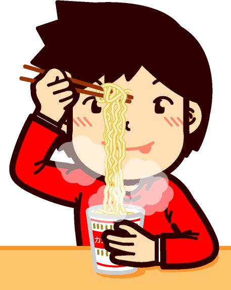 カップラーメンを箸で持ちあげて美味しそうと思っているイラスト/男性