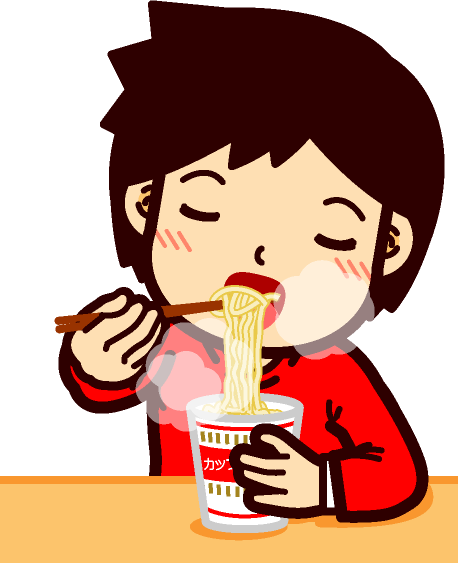 カップラーメンを口に運ぶイラスト/男性
