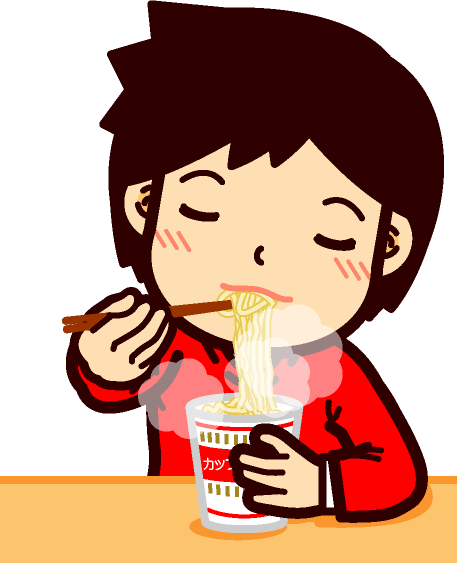 カップラーメンをすすって麺を食べているイラスト/男性
