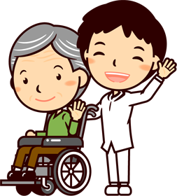 車いすの患者と介護士イラスト