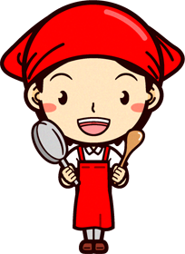 女性スーパーマーケットの店員イラスト/フライパンとしゃもじを持つ