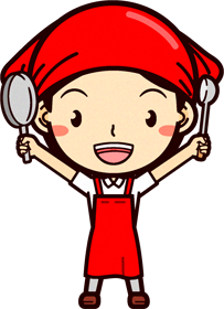 女性スーパーマーケットの店員イラスト/フライパンとお玉を持つ