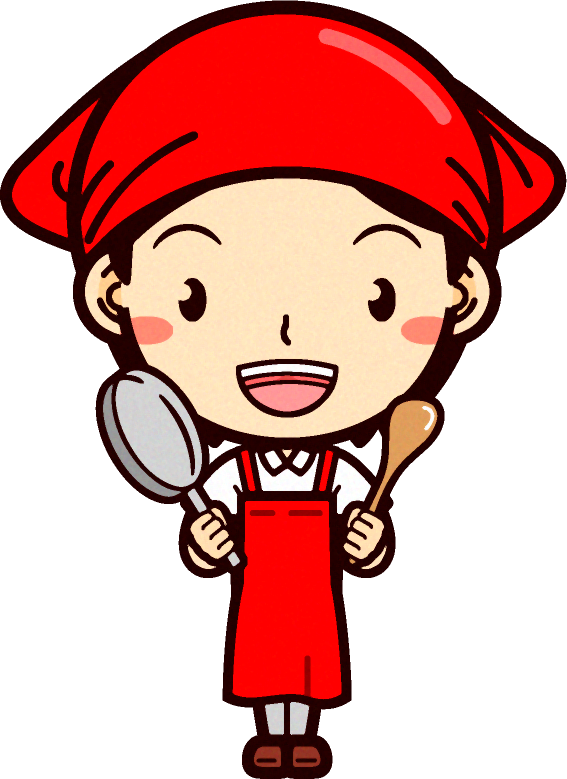 女性スーパーマーケットの店員イラスト/フライパンとしゃもじを持つ