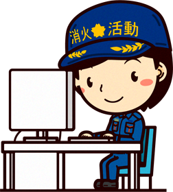 しつむ服を着た女性の消防士イラスト/パソコンに向かって作業する
