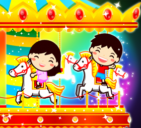 メリーゴーランドで遊ぶ子供達のイラスト