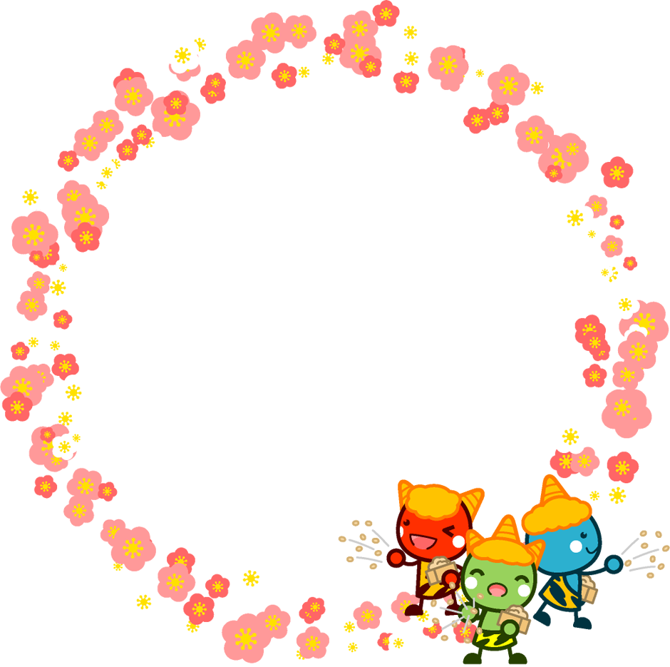 梅の花と鬼の豆まき飾り罫イラスト