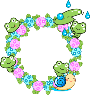 紫陽花とカエルたちの飾り罫イラスト