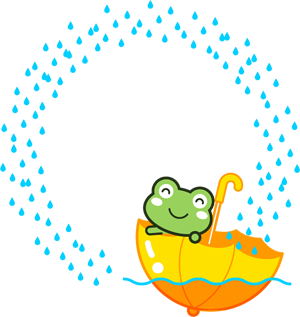 傘に乗ったカエルと雨の飾り罫イラスト