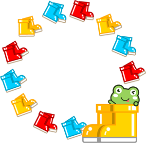 赤、青、黄色の長靴とカエルの飾り罫イラスト