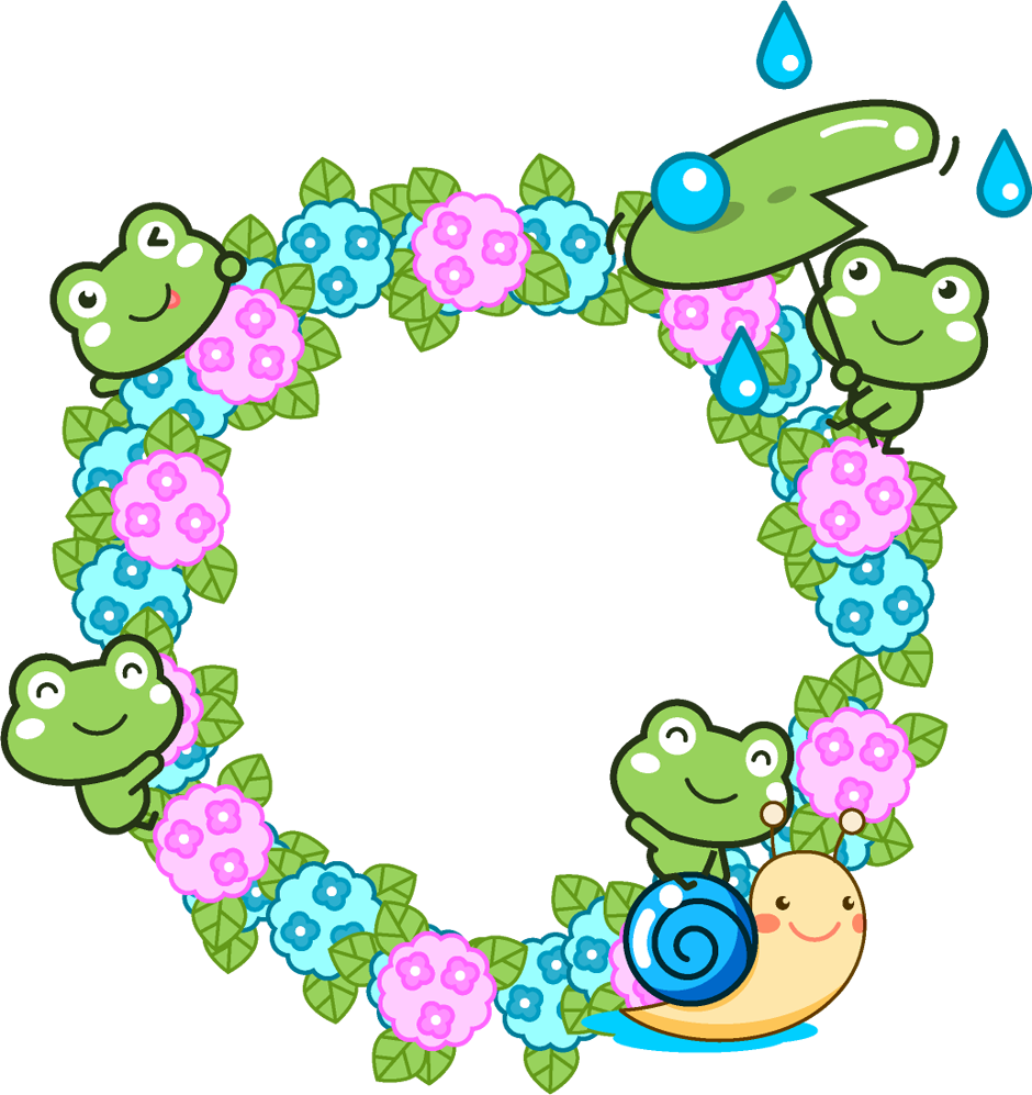 紫陽花とカエルたちの飾り罫イラスト