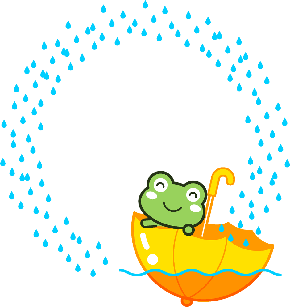 傘に乗ったカエルと雨の飾り罫イラスト