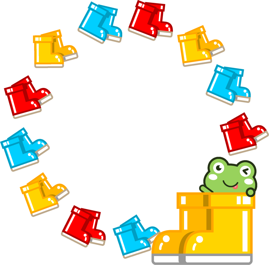 赤、青、黄色の長靴とカエルの飾り罫イラスト