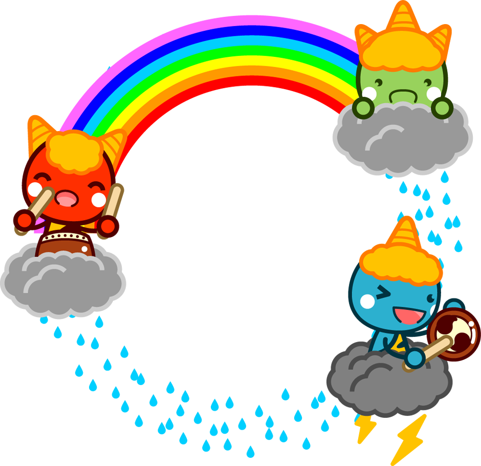 鬼たちと虹と雨の飾り罫イラスト