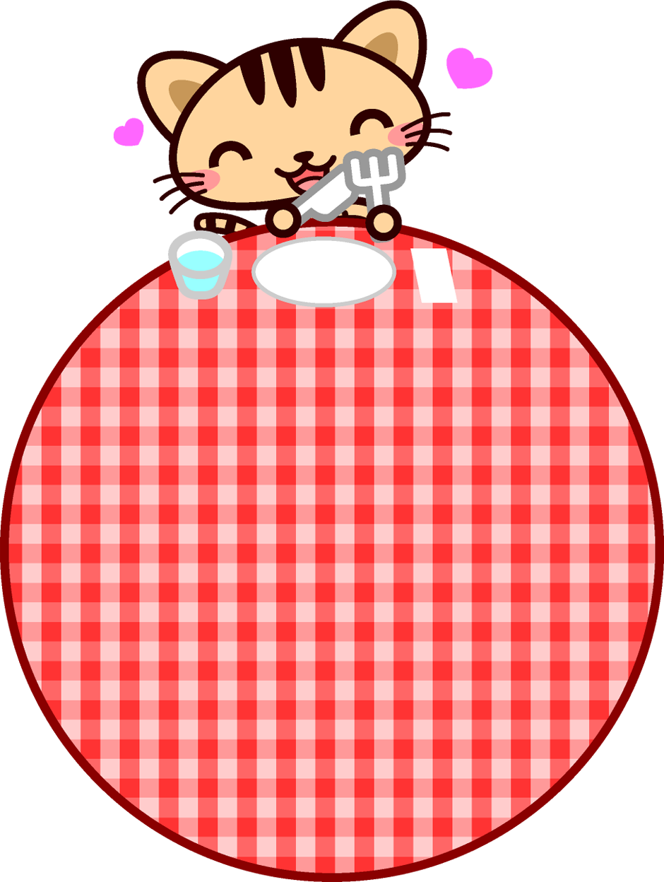 猫とチェック柄のテーブルクロスの飾り罫イラスト
