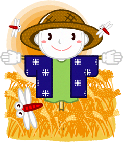案山子のイラスト/稲穂畑とトンボ
