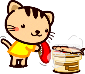 秋刀魚を焼くネコ