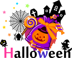 ハロウィンの文字とシルエットとお菓子と洋館イラスト