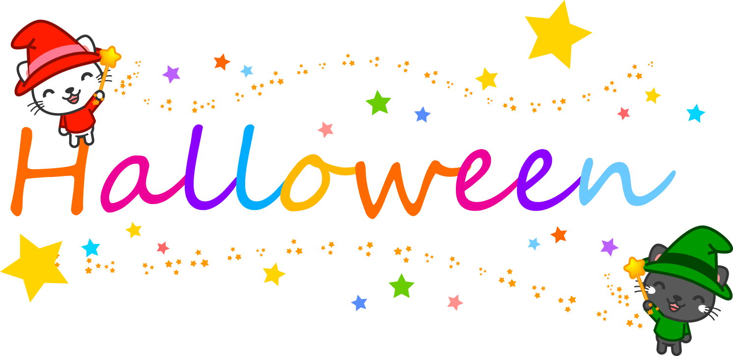 ハロウィンの文字と猫の魔法使いイラスト