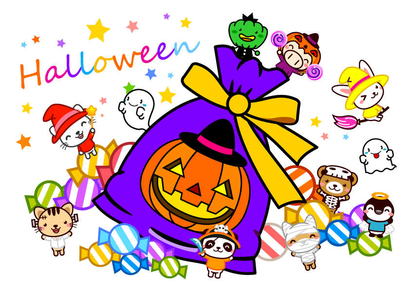 たくさんのお菓子とハロウィンイラスト