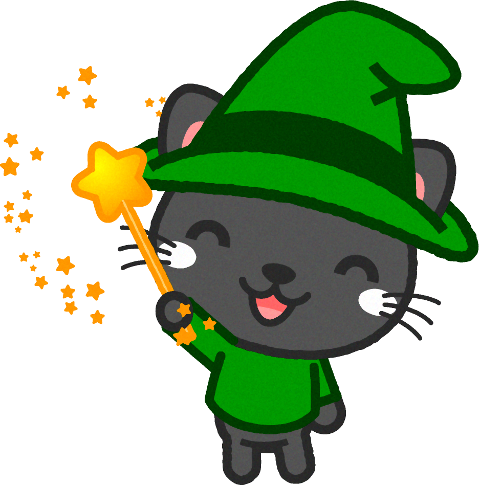 杖を振る魔導士に仮装したネコのイラスト