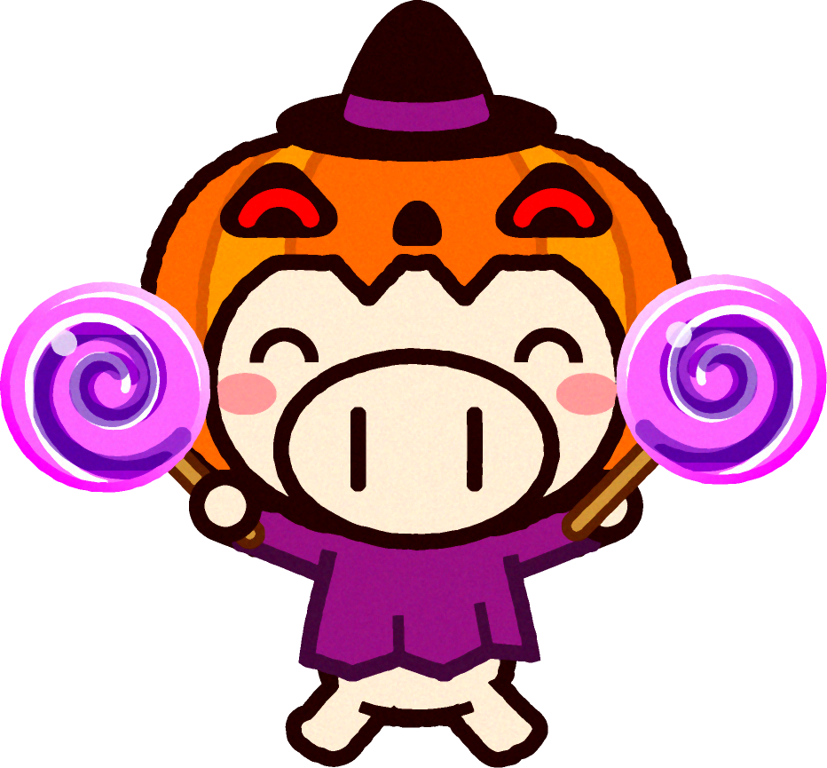 飴を持ったジャックランタンに仮装したブタのイラスト