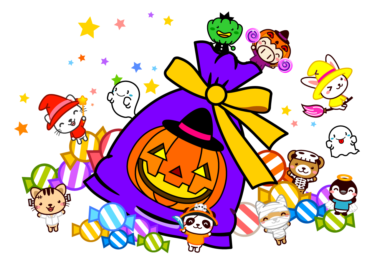たくさんのお菓子とハロウィンイラスト