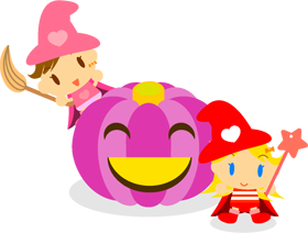 ジャック・オー・ランタンとハロウィンの仮装をした赤ちゃんイラスト