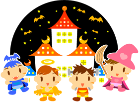 ハロウィンのお城と仮装パーティーイラスト