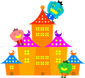 ハロウィンのお城とパンプキンマンのイラスト