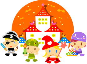 ハロウィンのお城と仮装パーティーイラスト2