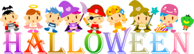 ハロウィンの文字と仮装をした子供達のイラスト