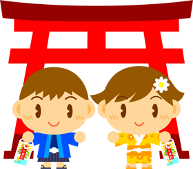 七五三のイラスト/鳥居の前に立つ子供たち