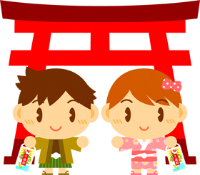 七五三のイラスト/鳥居の前に立つ子供たち2