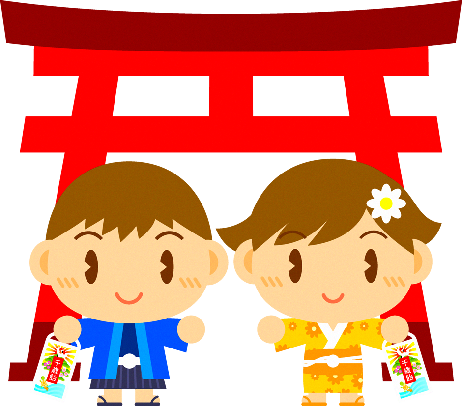 七五三のイラスト/鳥居の前に立つ子供たち