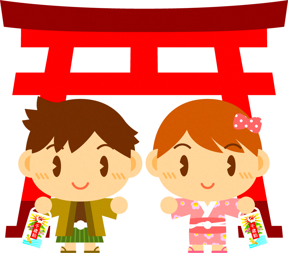 七五三のイラスト/鳥居の前に立つ子供たち2