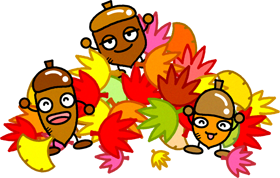 紅葉、銀杏の葉っぱで遊ぶどんぐりのイラスト