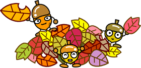 葉っぱで遊ぶどんぐりのイラスト