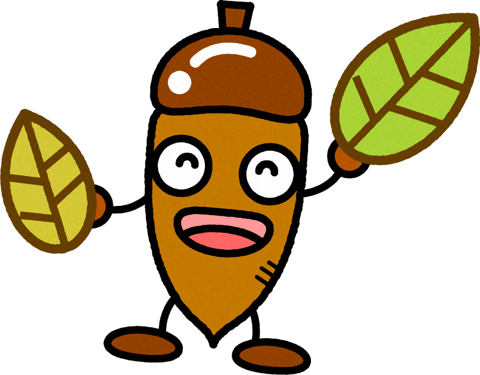 落ち葉を持った、どんぐりのイラスト