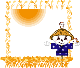 稲畑と案山子とスズメのフレームイラスト