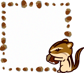 秋のフレームイラスト/ドングリを集めるリス