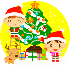 クリスマスツリーを飾り付けしているサンタクロース衣装の子供イラスト