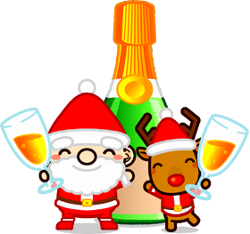 サンタクロースと赤鼻のトナカイとシャンパンのイラスト