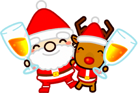 シャンパンで乾杯するサンタクロースと赤鼻のトナカイのイラスト