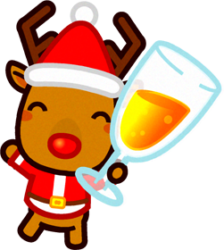 シャンパン入りグラスを持つ赤鼻のトナカイのイラスト