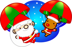 パラシュートで降下するサンタクロースと赤鼻のトナカイのイラスト