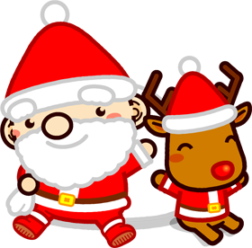 座って手を振るサンタさんとトナカイのイラスト