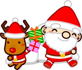 座ってプレゼントを掲げるサンタさんとトナカイのイラスト
