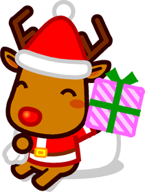 座ってプレゼントを掲げるトナカイのイラスト