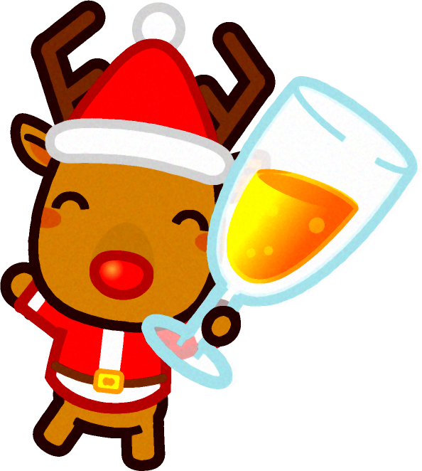 シャンパン入りグラスを持つ赤鼻のトナカイのイラスト